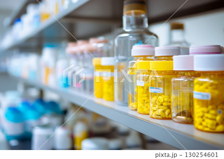 薬品の瓶が並ぶ研究所の棚 薬品の瓶が並ぶ研究所の棚 130254601