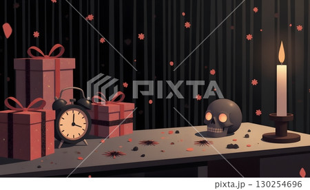 Dark and Mysterious Scene with Gifts, Skull, Flowers, Candle, and Clock 130254696