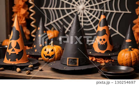 Festive Halloween Party Hats and Pumpkins on a Table with Spider Web Decoration 130254697