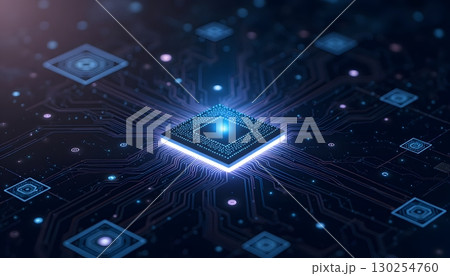 Futuristic Microchip Surrounded by Circuitry with Glowing Effects and Technology Theme 130254760