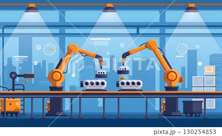 Advanced Robotic Arms Working on Assembly Line in Modern Factory Setting Advanced Robotic Arms Working on Assembly Line in Modern Factory Setting 130254853