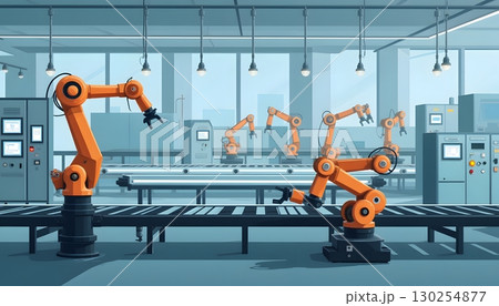Advanced Robotic Arm Operating in High-Tech Manufacturing Facility with Assembly Line Advanced Robotic Arm Operating in High-Tech Manufacturing Facility with Assembly Line 130254877