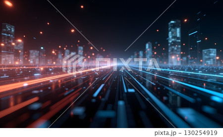 Dynamic Cityscape with Glowing Lights and Futuristic Digital Elements at Night Dynamic Cityscape with Glowing Lights and Futuristic Digital Elements at Night 130254919