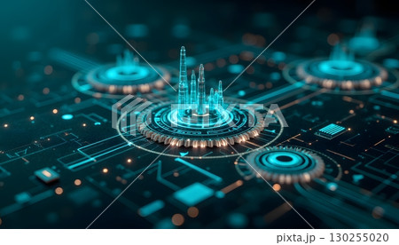 Futuristic Digital Interface with Smart City Buildings and Tech Circuit Design 130255020