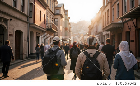People Walking in a Bustling City Street with Sunlight Beautifully Illuminating the Scene 130255042