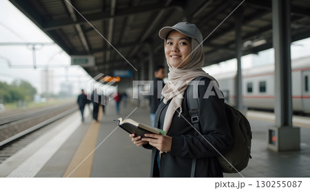 Young woman with a book at train station in urban setting, wearing a cap and hijab 130255087