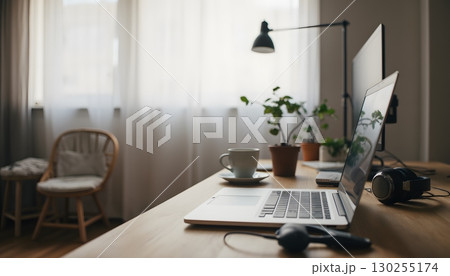 Cozy Home Office Workspace with Laptop, Plant, and Coffee Cup Beside Natural Light Window 130255174