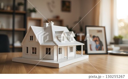 Miniature White House Model on a Wooden Table with Family Photograph in the Background 130255267