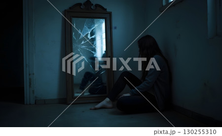 Broken Reflection in Dark Room with Sad Woman Sitting Next to Shattered Mirror 130255310