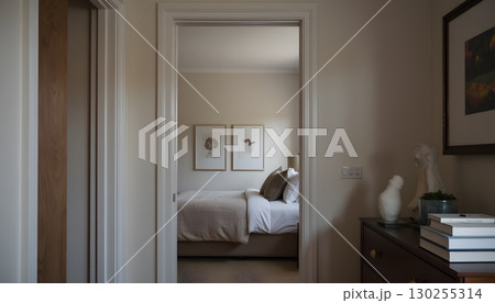 Cozy modern bedroom view through a doorway with soft light and minimalistic decor Cozy modern bedroom view through a doorway with soft light and minimalistic decor 130255314