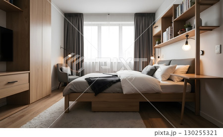 Modern and Cozy Bedroom Interior Design with Soft Lighting and Natural Wood Furniture 130255321