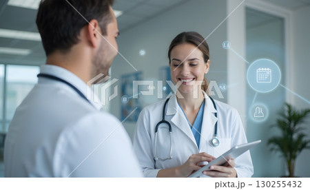 Healthcare professionals discussing patient information in modern medical office environment 130255432