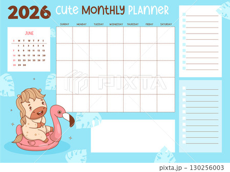 2026 June. Calendar, Monthly Planner with Cute Horse on flamingo float. Organizer for Month, To-Do list and Note, memo. Vector Horizontal Template with summer Kawaii pony. Eastern Symbol 2026. Not AI 130256003
