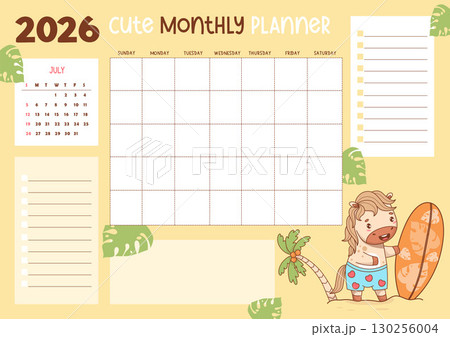 2026 July. Calendar, Monthly Planner with Cute Horse Surfer with Board. Organizer for Month, To-Do list and Note, memo. Vector Horizontal Template with summer Kawaii pony. Eastern Symbol 2026. Not AI 130256004