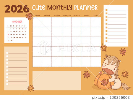 2026 November. Calendar, Monthly Planner. Cute Autumn Horse with Pumpkin and Maple Leaves. Organizer for Month, To-Do list and Note, memo. Vector Horizontal Template with pony. Eastern Symbol 2026 130256008