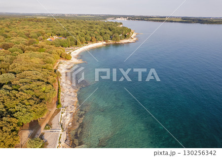 Aerial sunset drone view of resort Lanterna peninsula. Istria, Croatia. Aerial sunset drone view of resort Lanterna peninsula. Istria, Croatia. 130256342