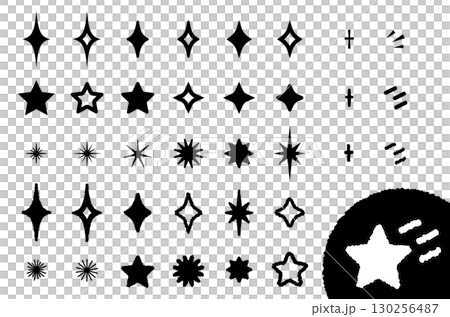 キラキラ輝く星のモノクロのイラスト素材セット キラキラ輝く星のモノクロのイラスト素材セット 130256487