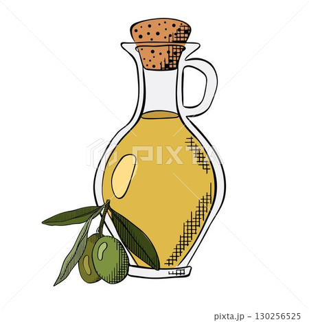 Minimalist drawing of olive oil bottle with berries. Vector graphic line ink colored illustration for cooking themed art Mediterranean kitchen decor and organic food visuals 130256525