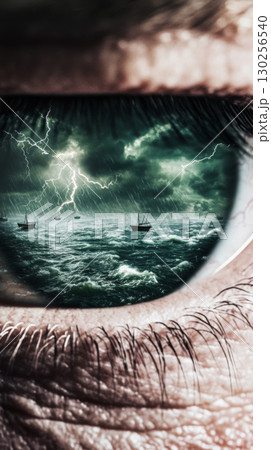 Closeup human eye reflecting ocean storm with boats and lightning, conceptual theme 130256540