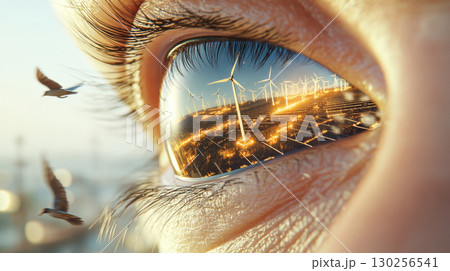 Closeup human eye reflecting fire, solar panels, and wind turbines, concept of AI Generated 130256541