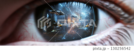 Futuristic cityscape reflected in human eye, showcasing spaceships and vibrant city lights 130256542
