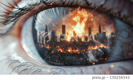 Closeup human eye reflecting massive fire destroyed city, apocalyptic theme, background 130256543