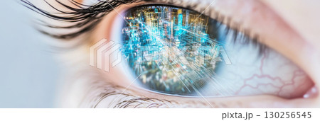 Human eye reflecting digital matrix concept, detailed closeup view 130256545