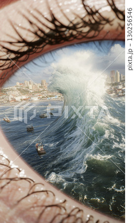 Human eye reflecting giant tsunami wave in apocalyptic scene, conceptual 130256546