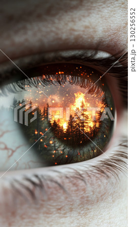 Closeup human eye reflecting apocalyptically massive fire destroyed forest 130256552