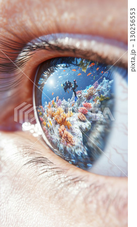 Closeup human eye reflects vibrant underwater world with corals and divers 130256553