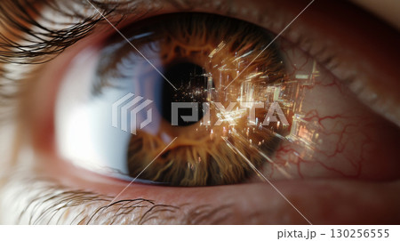 Closeup of human eye reflecting vibrant night city view, conceptual background 130256555