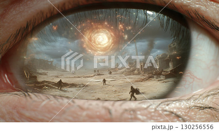 Apocalyptic scene in human eye closeup reflecting massive fire and sun 130256556