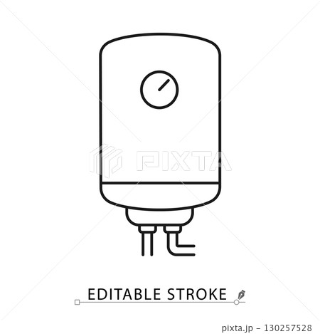 A water heater icon in minimalist style with editable stroke. Boiler equipment, heating appliance, bathroom device, household technology, domestic utility, hot water system, electronic home object. 130257528