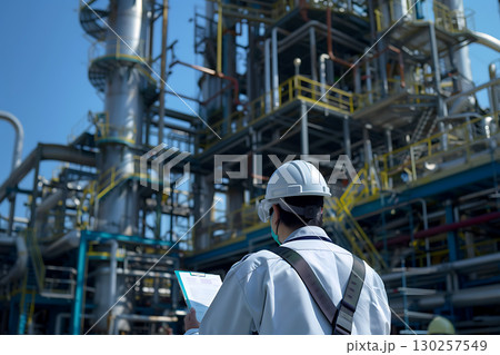 プラント施設を視察する日本人作業員の後ろ姿 プラント施設を視察する日本人作業員の後ろ姿 130257549