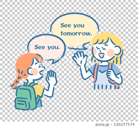 英語で挨拶する子供子供を見送る母親 130257574