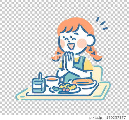 給食を前に「いただきます」と言う女の子教室であいさつする子供 給食を前に「いただきます」と言う女の子教室であいさつする子供 130257577