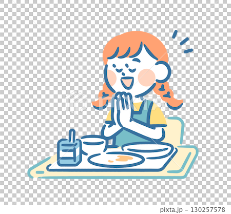 給食を完食し「ごちそうさま」と言う女の子 130257578