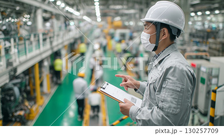 工場内で安全確認を行う日本人作業員 130257709