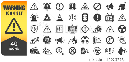 Warning Icon Symbol Set. Caution Icons Pack Featuring Alerts, Caution Signs, Hazard Symbols, And Safety Notifications. Isolated Vector Illustration Symbol Sign Collection 130257984