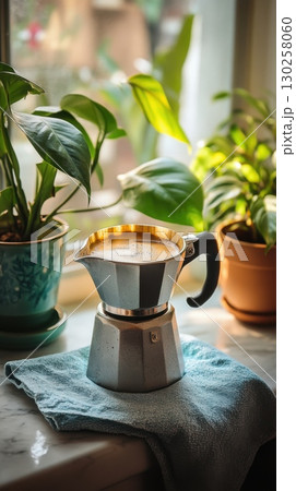 Italian moka pot coffee maker with fresh coffee on table near green houseplants by sunny morning 130258060