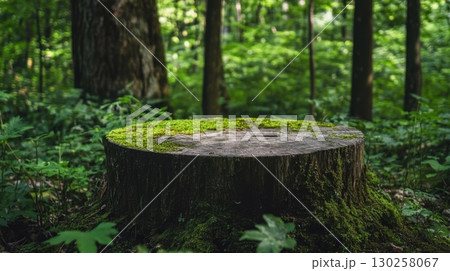 Forest tree stump with green moss growth in natural habitat with warm sunlight and blurred foliage 130258067