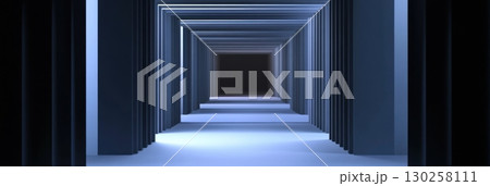 Modern futuristic tunnel with blue neon lighting and geometric architecture perspective 130258111