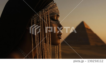 Portrait of female model in ancient Egyptian costume with ornate accessories and desert landscape 130258112