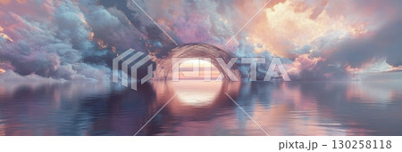 Abstract dreamy portal in the sky with clouds and reflection on calm water at sunset 130258118