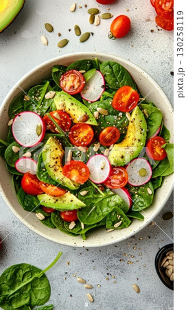 Healthy vegetarian salad with spinach, tomato, avocado, radish and sunflower seeds 130258119