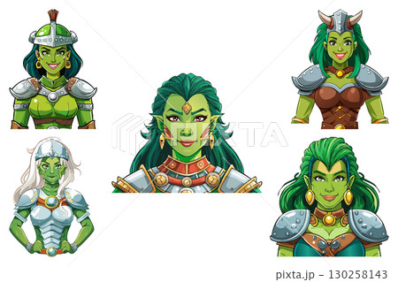 Formidable woman orc warrior in armor, portrait green girl orc barbarian nomad warrior, monster orc fantasy female warrior 130258143