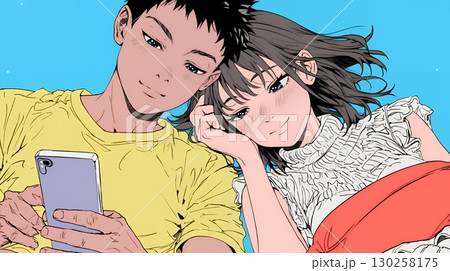 幸せそうに一緒にスマホを見る若いカップル