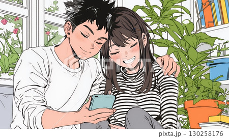 幸せそうに一緒にスマホを見る若いカップル