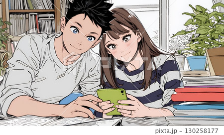幸せそうに一緒にスマホを見る若いカップル