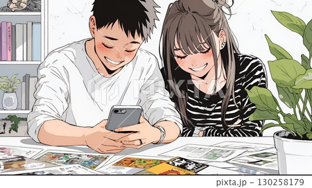 幸せそうに一緒にスマホを見る若いカップル